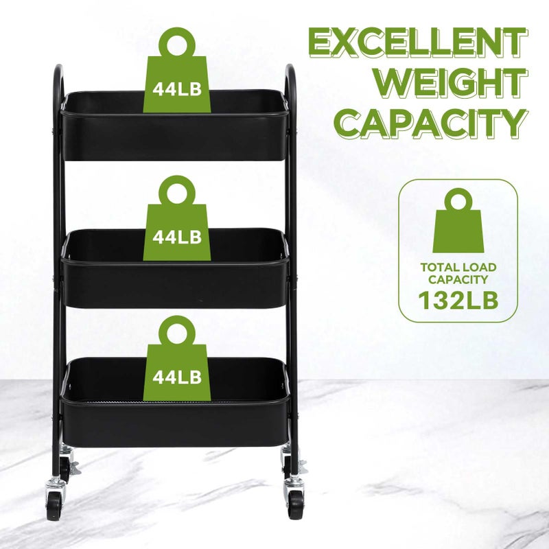 AGTEK Makeup Cart, Movable Rolling Organizer Cart, Black 3 Tier Metal Utility Cart - Image 5